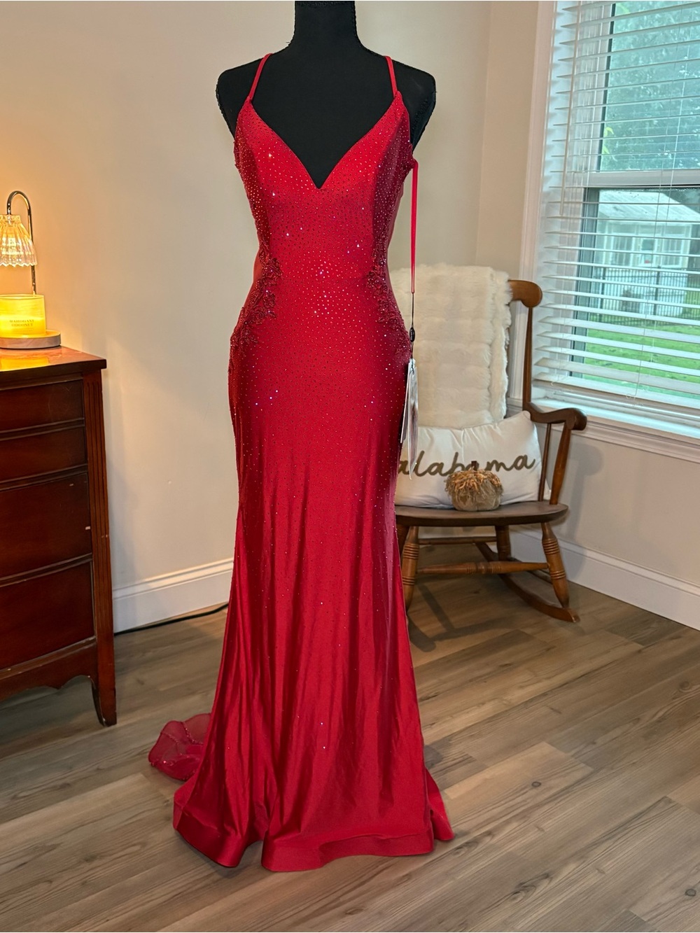 Clarisse Elegant Red Evening Gown with Beaded Detail Size Small NWT